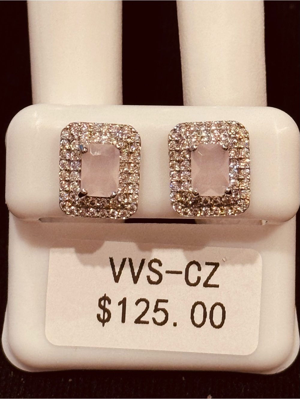 Stunning Stainless Steel Pale Pink CZ Double Halo Emerald Cut Stud Earrings NWT